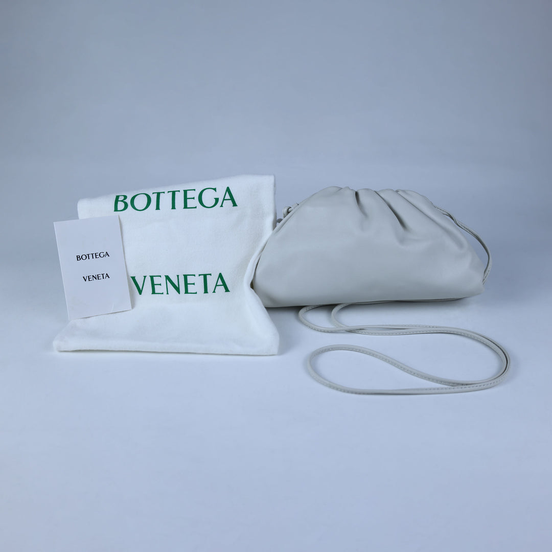 Bottega Veneta handbag with matching pouch on a light gray background